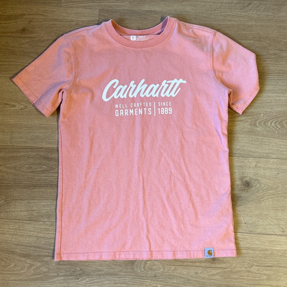 Carhartt Womens Loose Fit Graphic T-Shirt Pink Script Logo Crew Neck XS 0-2